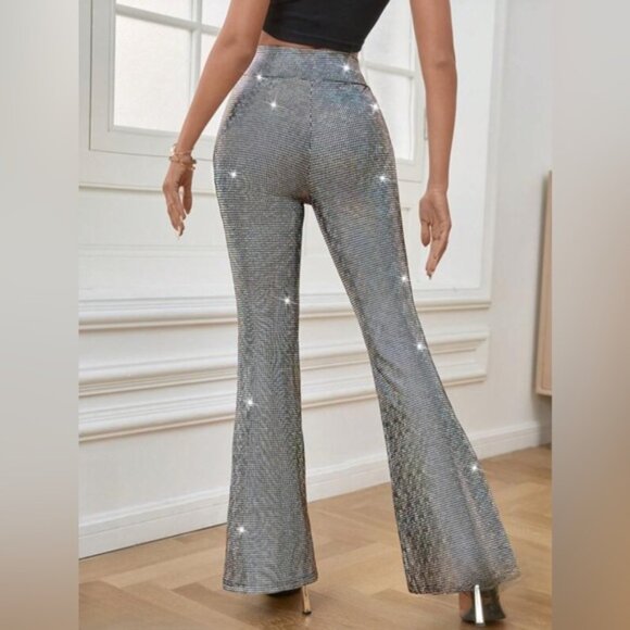 Silver High Waist Flare Leg Metallic Pants - Picture 3 of 7